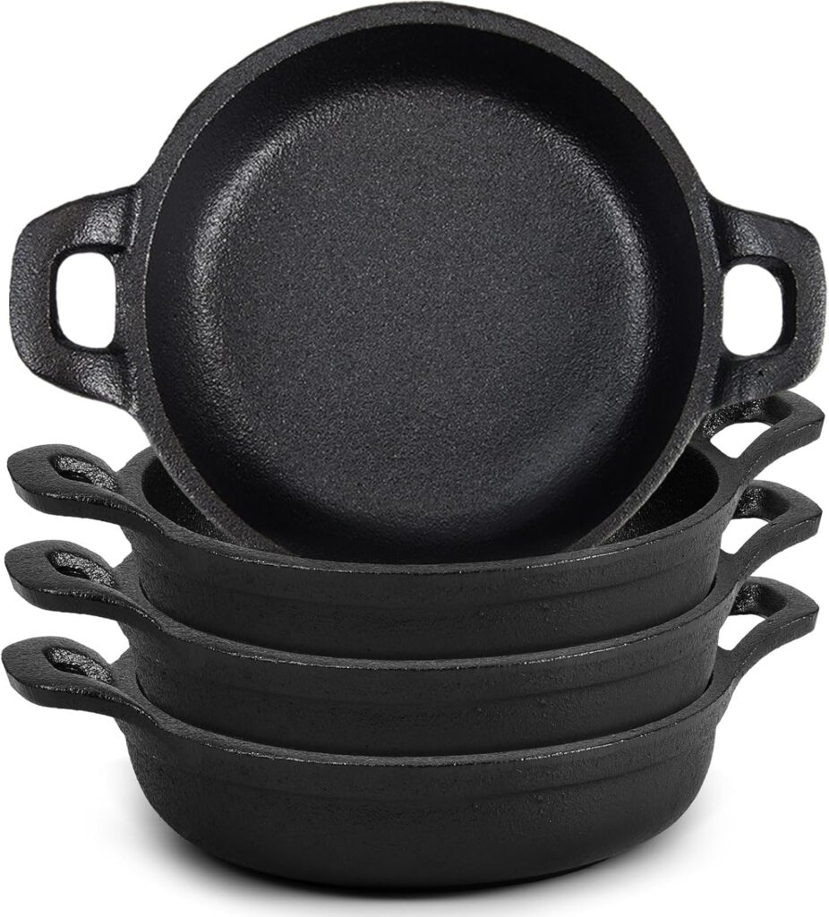 Mini Cast Iron Skillets 5 x 5 x 1.3 Inch Cast Iron Pan Small Ramekin Set Black Casserole Dish Cookware Oven Safe Mini Skillets for Kitchen Indoor Outdoor Picnic (4 Pack)