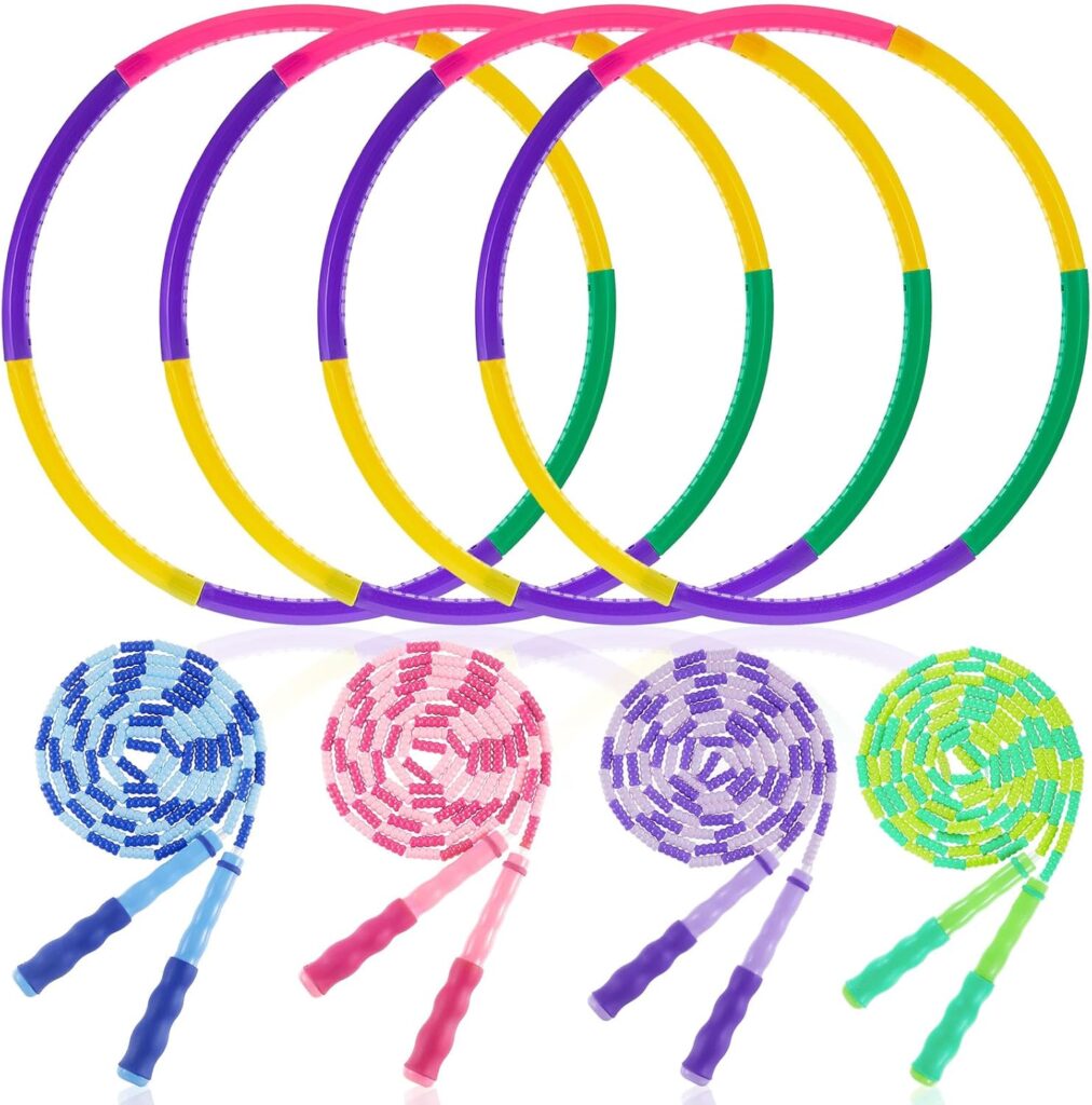8 Pcs Toy Hoop and Jump Rope Set for Kids Include 4 Skipping Rope and 4 Detachable Weight Size Hoop Gymnastic Fitness Exercise Gift Equipment