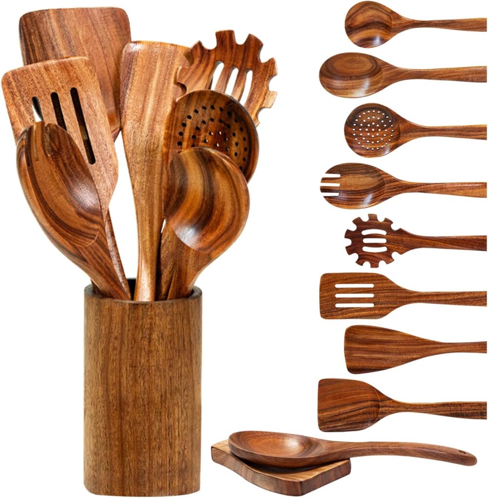 Wooden Spoons for Cooking, Natural Teak Wooden Utensils Set, 10 Piece Handmade Wood Kitchen Utensil Set with Holder and Spoon, Durable Nonstick Kitchen Cookware Tool