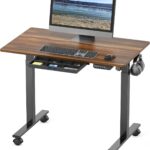 SHW 40-Inch Mobile Electric Height Adjustable Sit to Stand Desk with Drawer, Hanging Hooks and Cable Management, Walnut