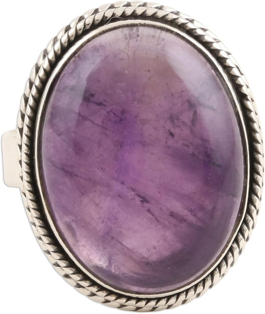 NOVICA Artisan Handmade .925 Sterling Silver Amethyst Cocktail Ring Oval Cabochon Single Stone India Birthstone Gemstone ‘Sweet Glory’