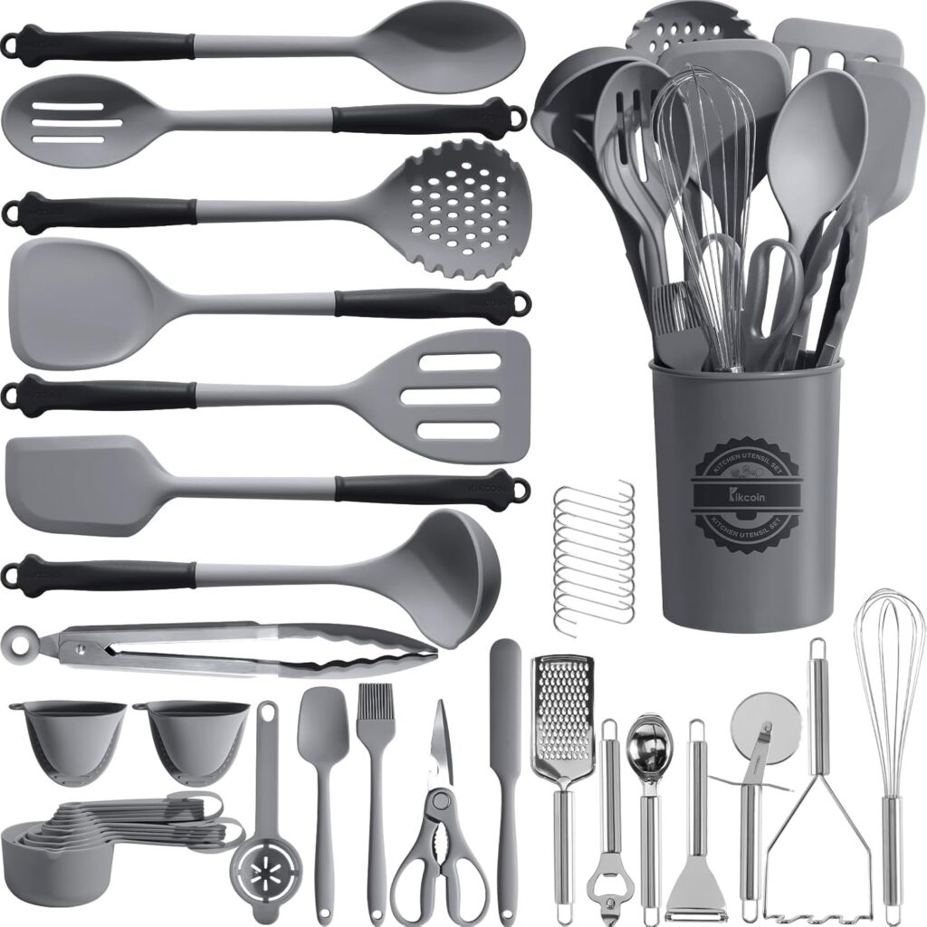 Kikcoin 43Pcs Large Kitchen Utensils Set – Silicone Cooking Utensils Set, Dishwasher Safe Spatula Set for Non-stick Cookware, 446°F Heat Resistant Kitchen Utensils Set with Holder BPA Free, Grey