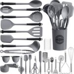 Kikcoin 43Pcs Large Kitchen Utensils Set – Silicone Cooking Utensils Set, Dishwasher Safe Spatula Set for Non-stick Cookware, 446°F Heat Resistant Kitchen Utensils Set with Holder BPA Free, Grey