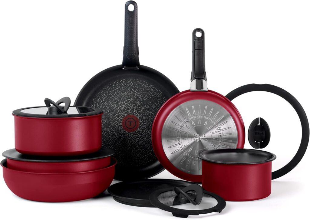 T-fal Ingenio Expertise Non Stick Cookware Set 14 Piece, Induction, Oven Broiler Safe 500F, Cookware, Pots and Pans Set, RV, Camping, Kitchen Frying Pans, Dishwasher Safe, Detachable Handle Cherry Red