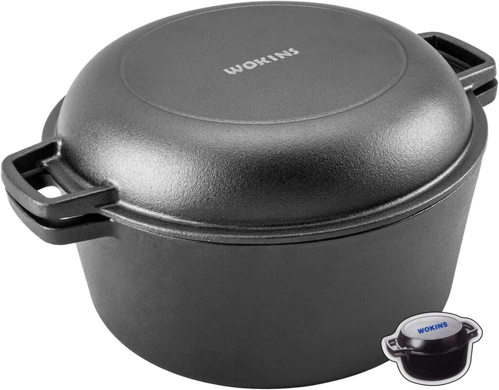 2-in-1 Pre-Seasoned Cast Iron Dutch Oven Pot with Skillet Lid Cooking Pan,Cast Iron Skillet Cookware Pan Set with Dual Handles Indoor Outdoor for Bread baking, Frying, Camping, BBQ,5QT.