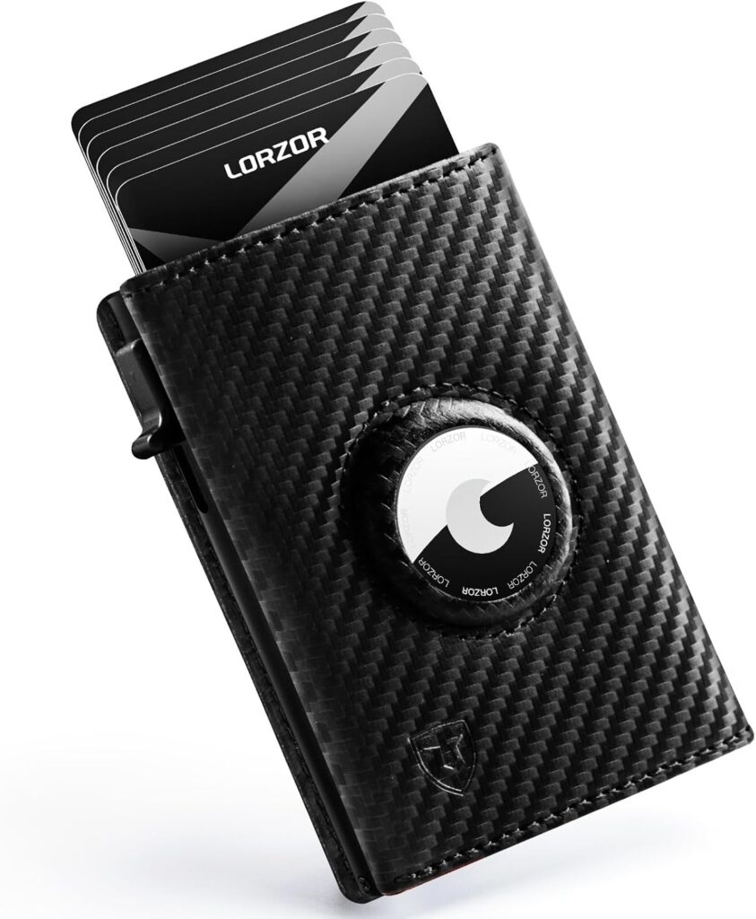 LORZOR AirTag Wallet – Full Grain Leather, Mens Minimalist Wallet with Apple Air Tag Holder, Slim Smart Pop up Card Case, ID Window, RFID Blocking, Front Pocket (AirTag Not Included)