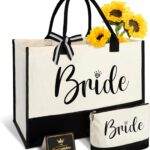 Bride Gifts Canvas Tote Bag with Makeup Bag, Wedding Gifts for Bridal Shower Bachelorette Party Engagement Honeymoon, Miss to Mrs, Bride to Be, Bridal Shower Decorations