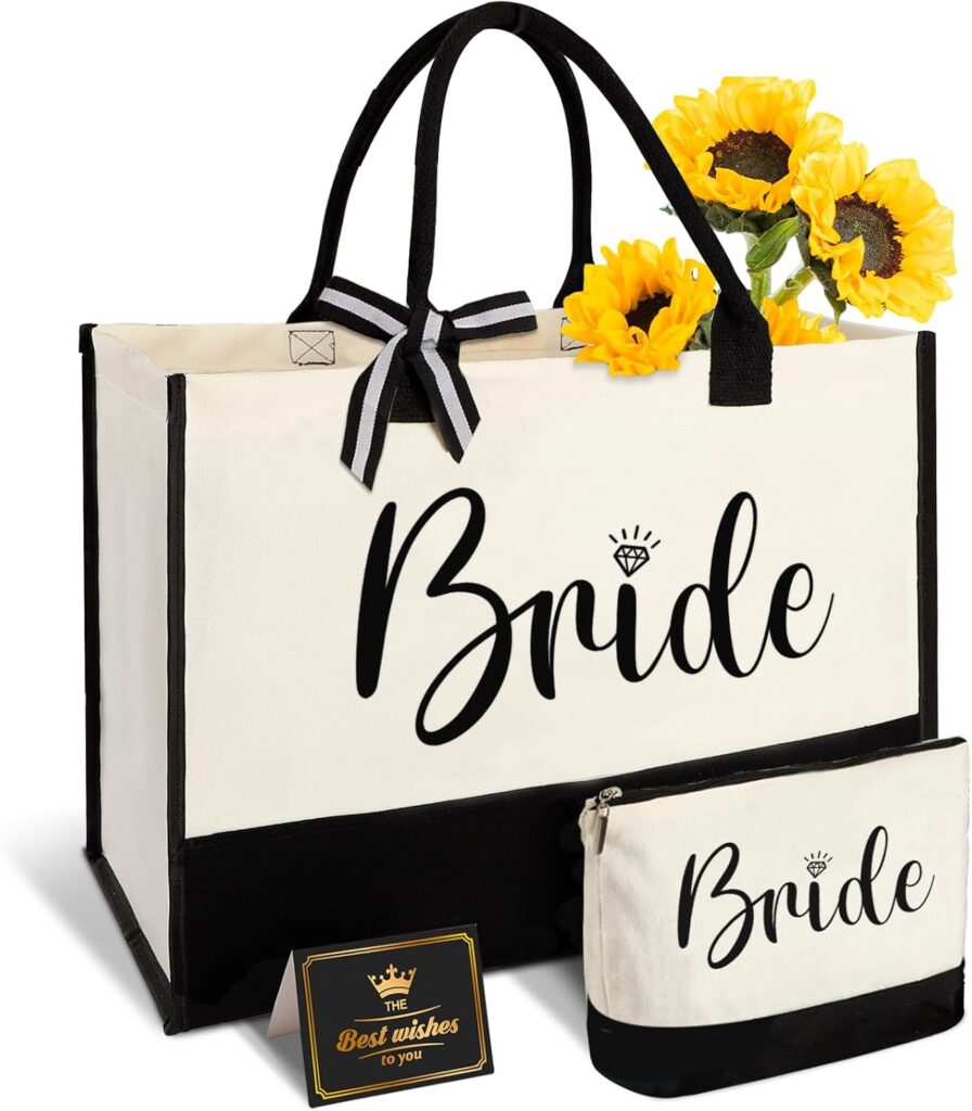 Bride Gifts Canvas Tote Bag with Makeup Bag, Wedding Gifts for Bridal Shower Bachelorette Party Engagement Honeymoon, Miss to Mrs, Bride to Be, Bridal Shower Decorations