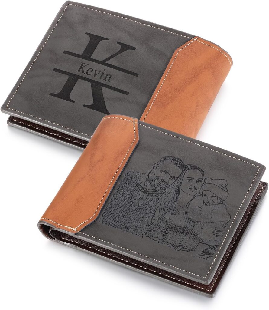Custom Wallets with Picture for Men Personalized PU Leather Wallet with Photo Name Slim Billfold Engraved Wallet for Dad Grandpa Husband Fathers Day Christmas Gifts (Grey-Photo)