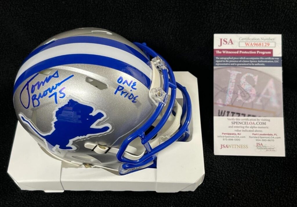 Lomas Brown Signed & Inscribed “One Pride” Detroit Lions Mini Helmet JSA COA – Autographed NFL Mini Helmets