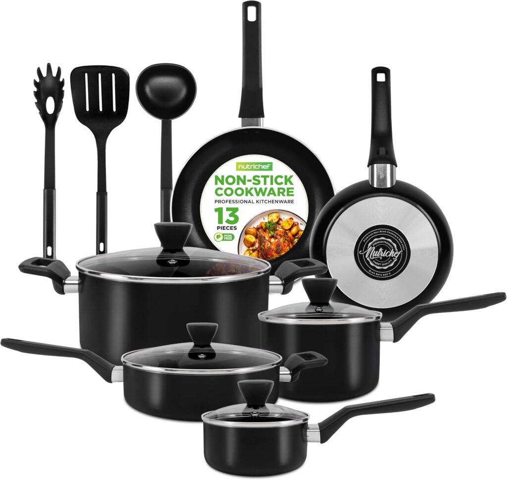 NutriChef 13-Piece Nonstick Cookware – Heat Resistant Kitchen Ware Set w/Saucepan, Frying Pans, Cooking Pots, Casserole, Lids, Ladle, Fork, Strainer – NCCWA13, Black