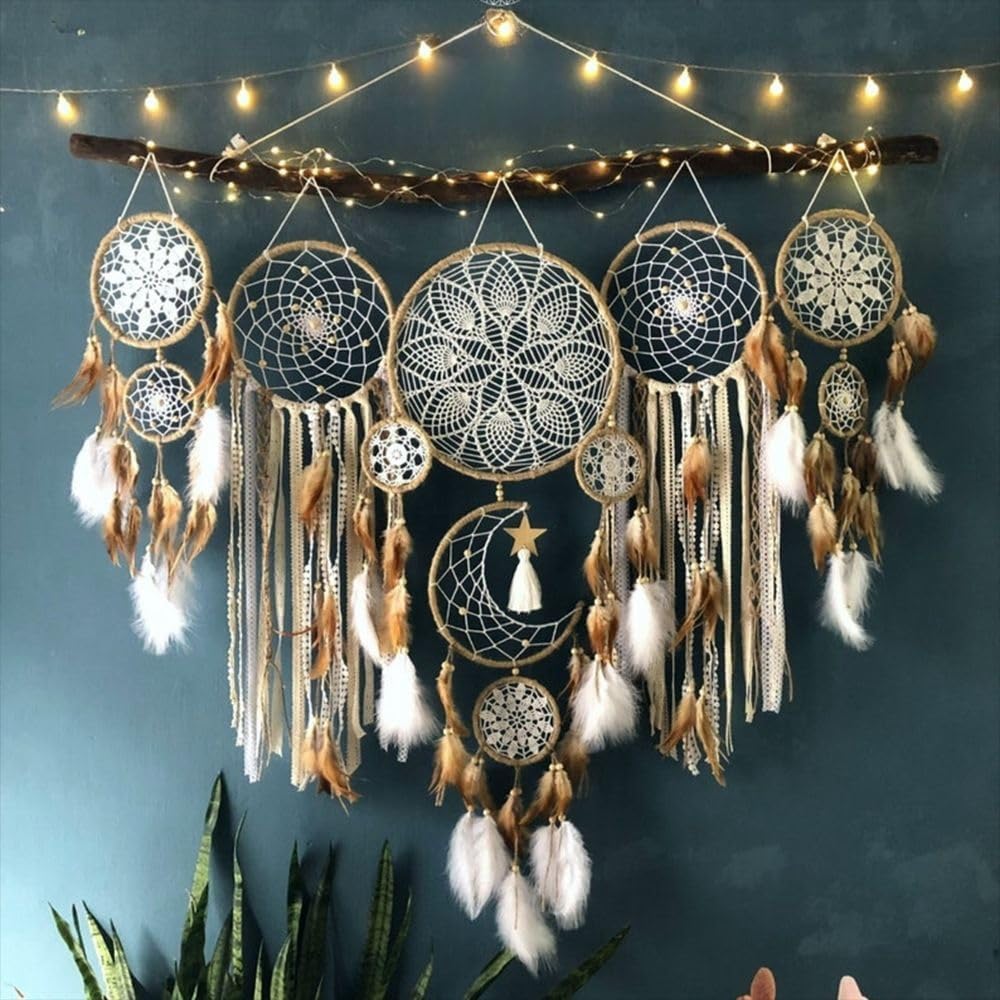 Set of 5 Boho, Hanging Large Boho Dream Catcher Wall Hanging Moon Dream Catcher Set Dream Catchers Wall Decor for Vintage Wedding Home Decorations (Camel)