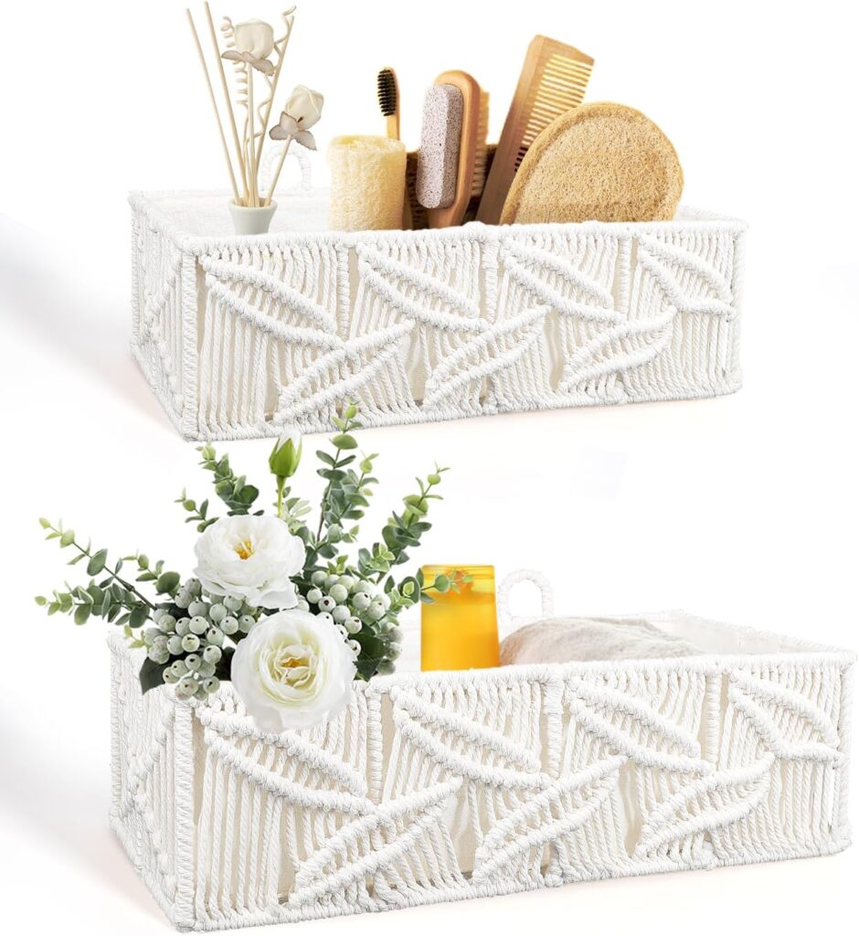 AceList Hand-Woven Macrame Storage Basket, Hanging Wall Baskets with Hooks and Liner – Set of 2, Boho Decorative Organizer for Toilet Tank, Bedroom, Nursery, and Home