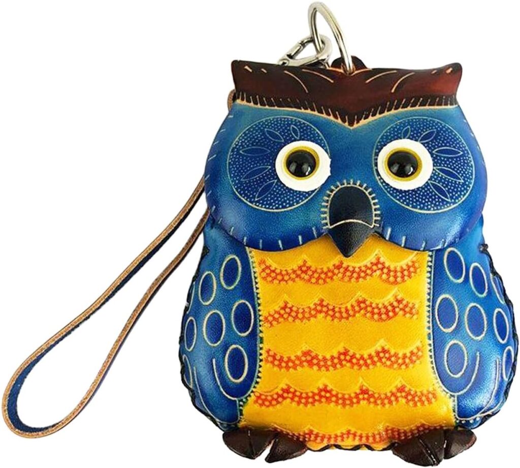 1 Piece Leather Zipper Coin Purse Owl Wallet, Handbag, Wrist Bag, Coin Organizer, Coin Clip, Mini Leather Zipper Organizer for Women,Mother’s Day Gift (Blue)