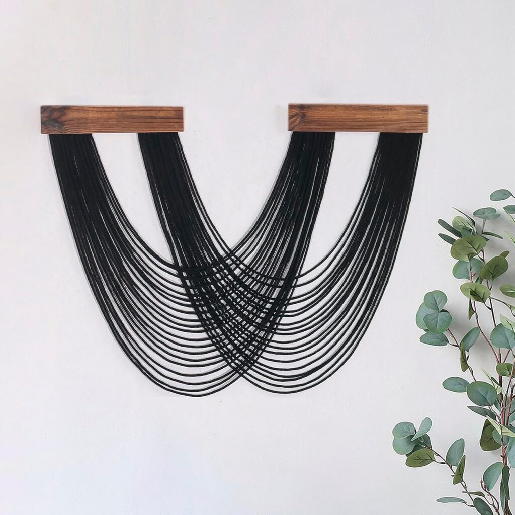 LB Boho Black Macrame Wall Hanging Handmade Black Bohemian Tapestry with Yarn Woven Tassels Macrame Wall Art Boho Wall Decor for Living Room Bedroom Dorm Nursery Home Decoration 26L X 12W inches