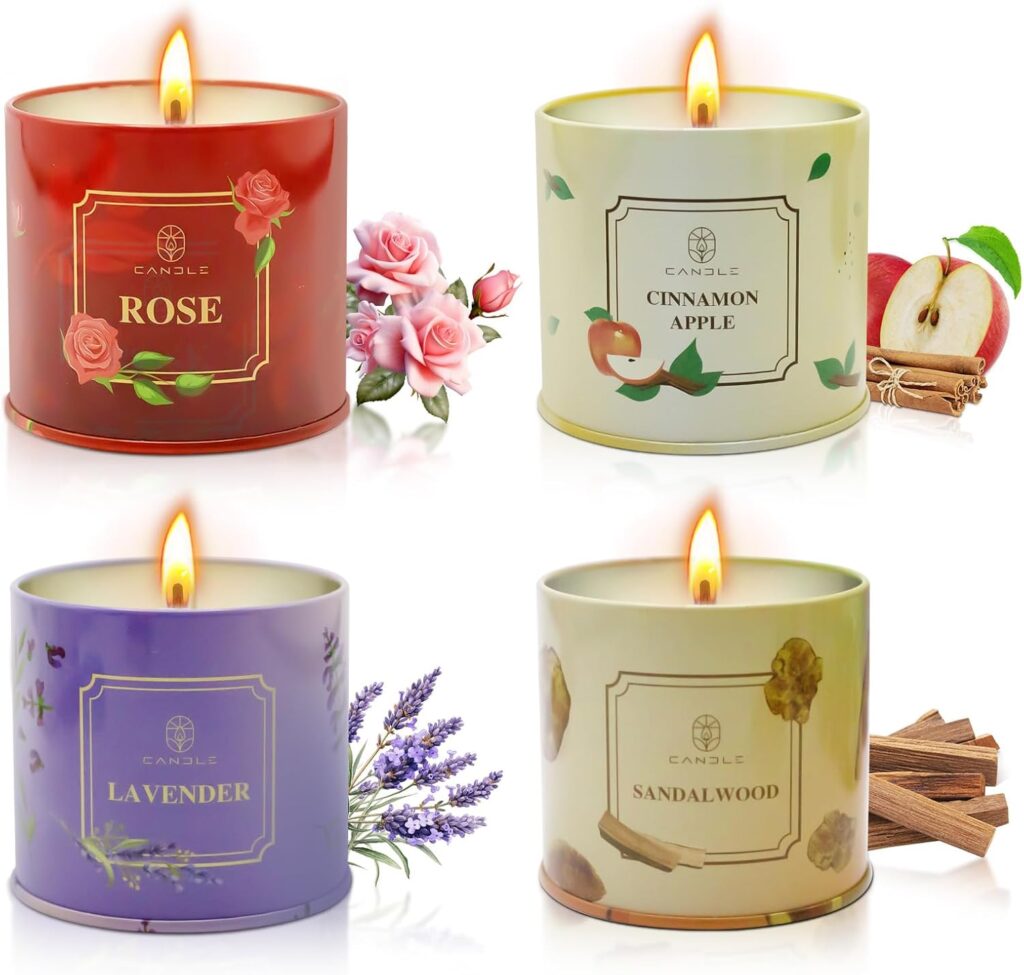 Scented Candles Gift for Women,4 Pack Natural Soy Wax Candles Long Lasting Rose Lavender Sandalwood Apple Cinnamon Fragrance Gift for Mothers Day, Birthday, Thanksgiving Day, Christmas, Valentines Day