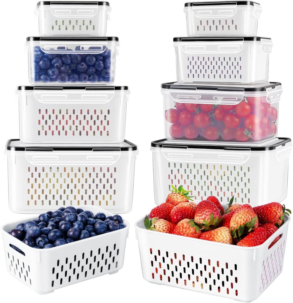 Freshmage Fruit Storage Containers for Fridge with Removable Colander, Airtight Food Storage Container, Dishwasher Safe Produce Saver for Refrigerator, Keep Berry Fruit Fresh Longer 4 pcs Small Clear