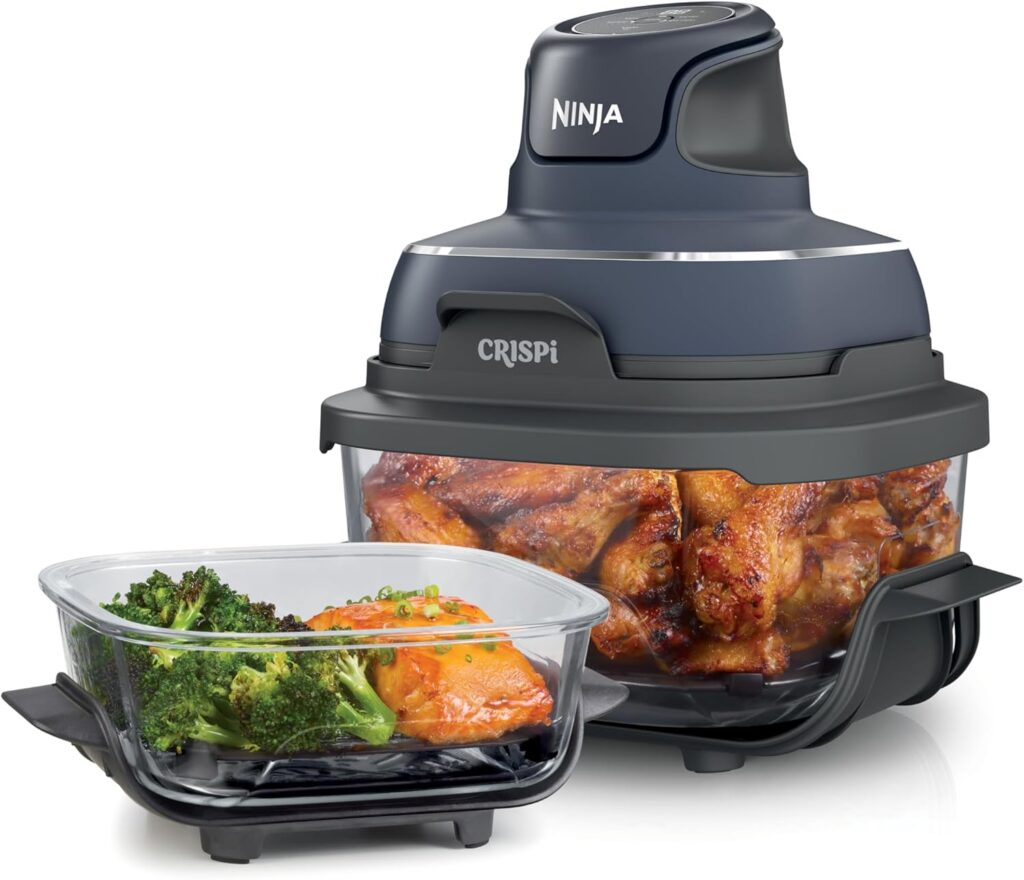 Ninja Crispi 4-in-1 Portable Glass Air Fryer Cooking System, 1500W, 4QT & 6-Cup TempWare Glass Containers with Storage Lids, Microwave, Freezer & Dishwasher Safe, Cyberspace Gray, FN101GY