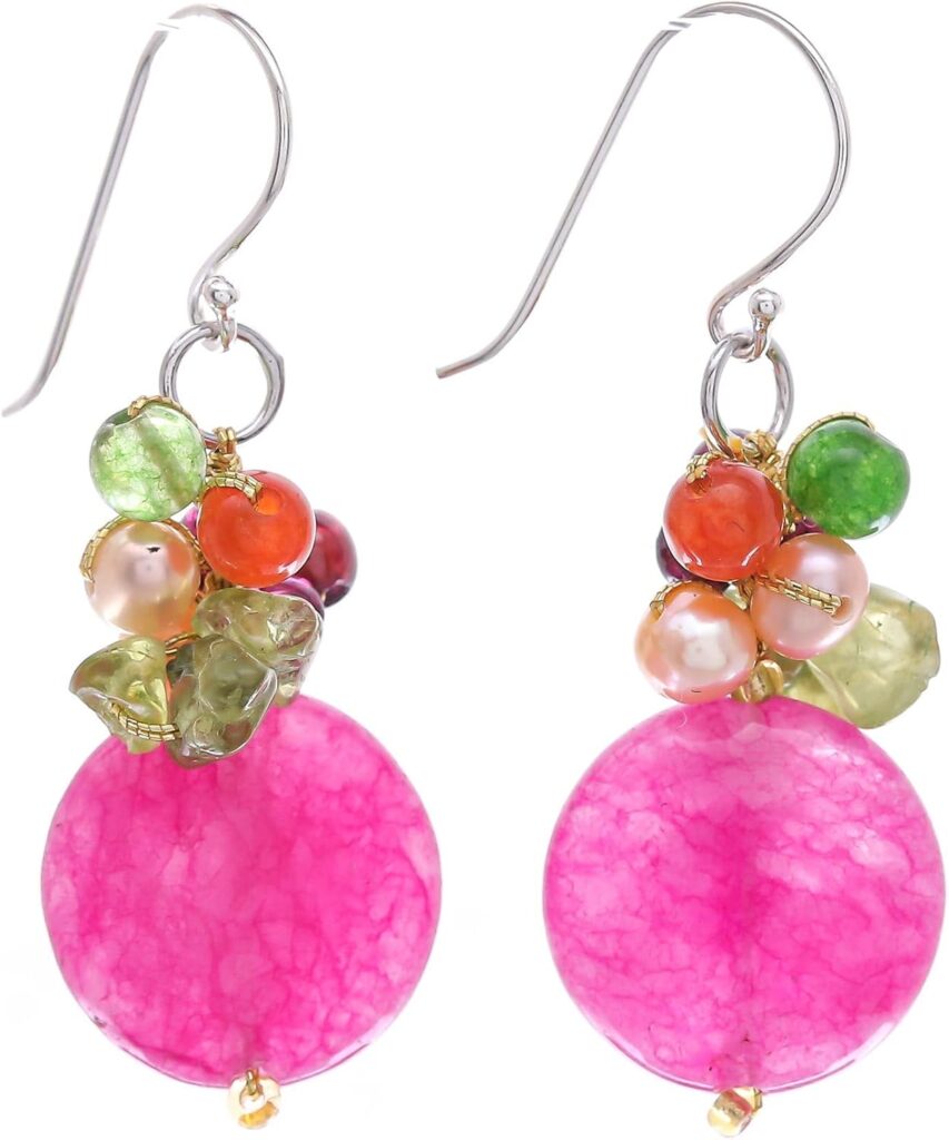 NOVICA Artisan Handmade Cluster Earrings Gemstone Beaded Dangle .925 Sterling Silver Thailand Birthstone ‘Thai Joy’