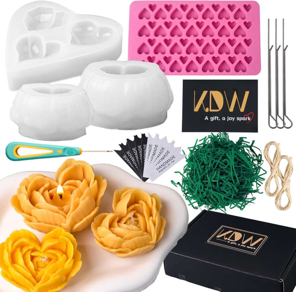 Heart Rose Silicone Molds Heart Candle Making Kit with Candle Wicks 3D Flower Silicone Molds for Candles DIY Handmade Soap Mould for Home Decor