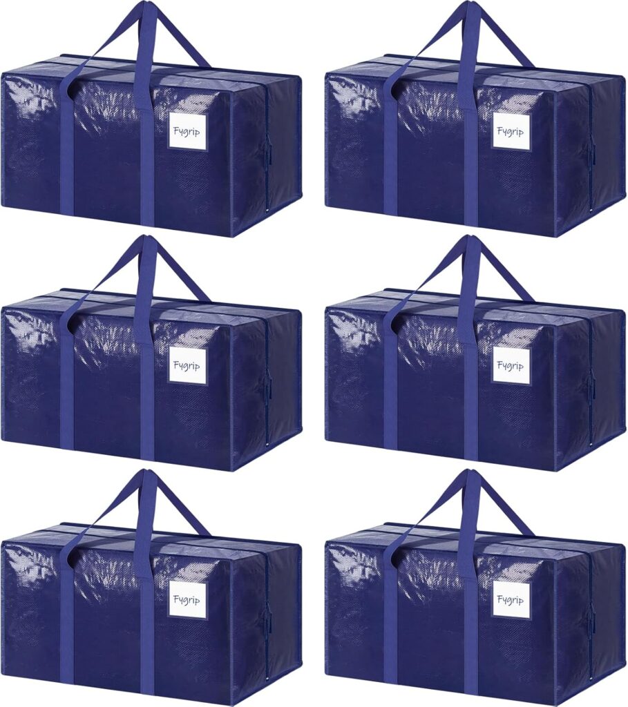 6 Pack Extra Heavy Duty Large Moving Bags with Strong Zipper & Comfortable Handles, Sturdy & Durable Clothes Storage Bags Totes Bins, Blue Packing Moving Boxes for College Supplies, Dark Blue
