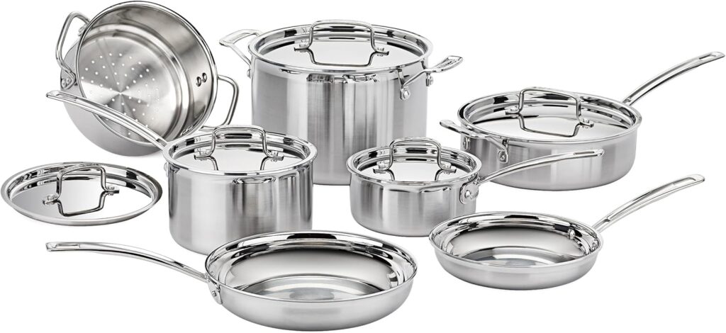 Cuisinart 12-Piece Cookware Set, MultiClad Pro Triple Ply Stainless Steel Cookware Set, Heat Surround Technology, Cool Grip Stick Handles, Oven Safe Up to 500°F, MCPS-12N, Silver