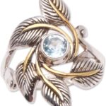 NOVICA Artisan Handmade 18k Gold Accented Blue Topaz Cocktail Ring Leafy from Bali .925 Sterling Silver Indonesia Gemstone ‘Wreathed in Leaves’
