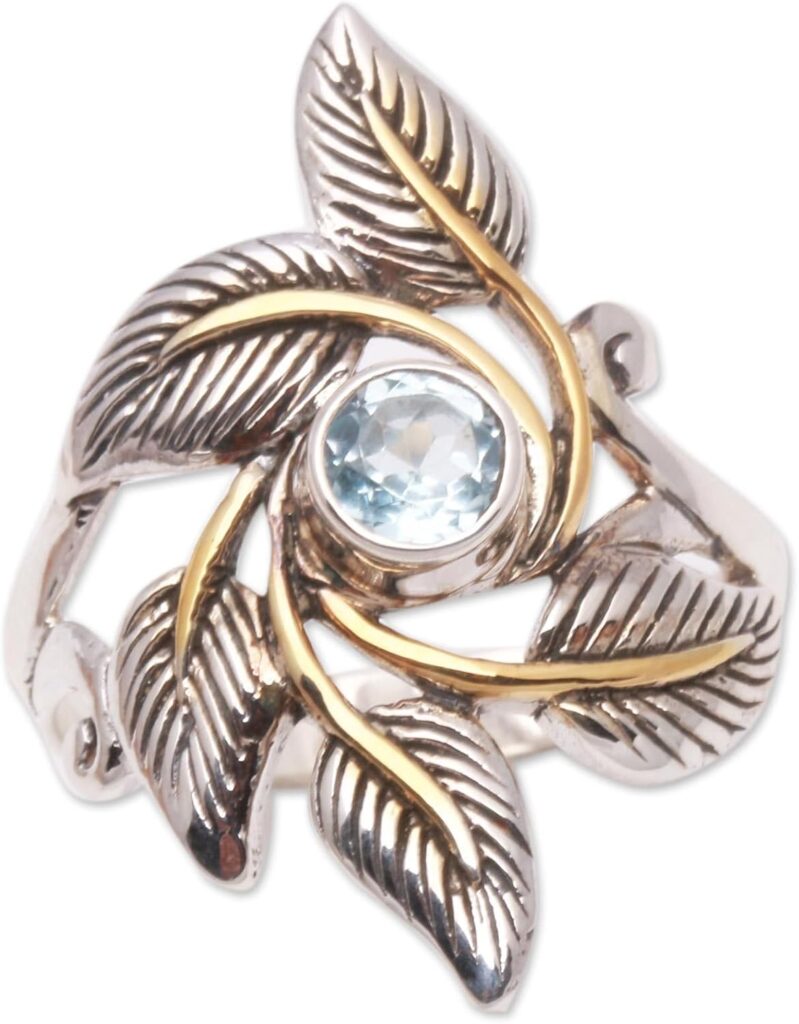 NOVICA Artisan Handmade 18k Gold Accented Blue Topaz Cocktail Ring Leafy from Bali .925 Sterling Silver Indonesia Gemstone ‘Wreathed in Leaves’