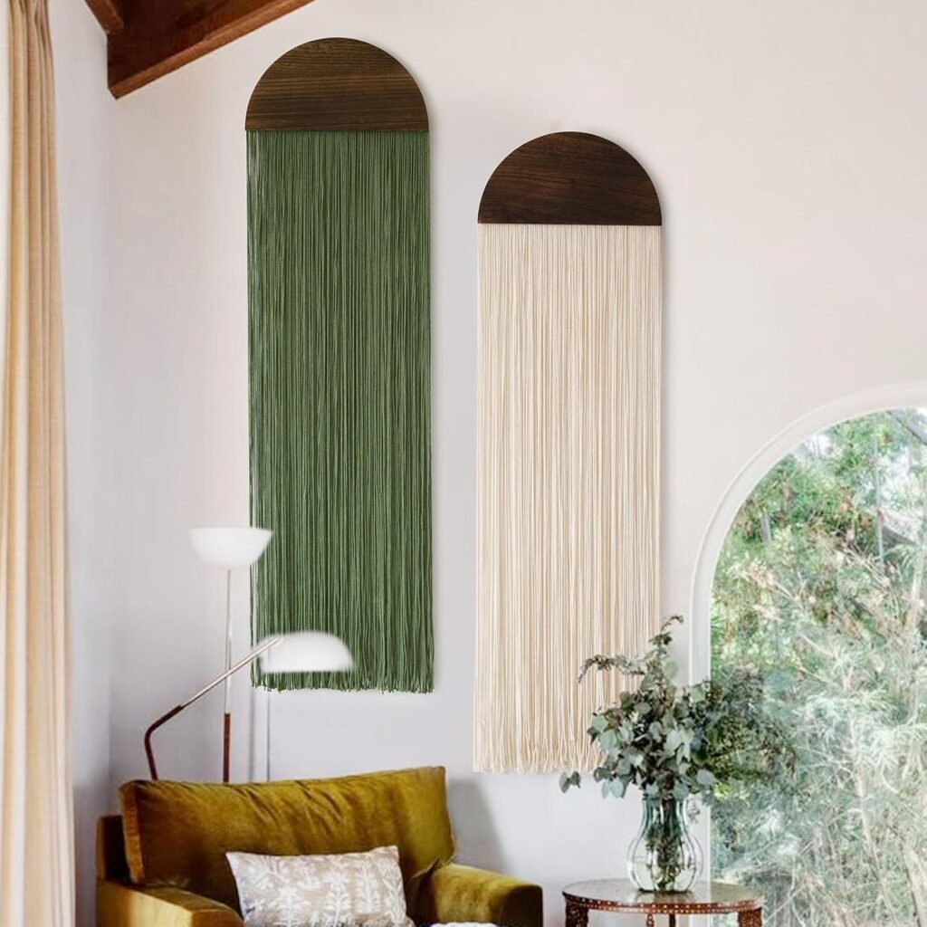 2 Pcs Macrame Wall Hanging Boho Decor Wall Tapestry Handmade Round Tassel 13.7″ W x 51″ L for Living Room Bedroom Headboard Decor
