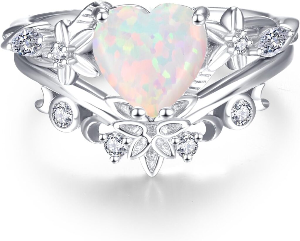 Heart Gemstone Rings 925 Sterling Silver Wedding Rings Moss Agate/Opal/Cubic Zirconia Promise Rings For women Size 5-9