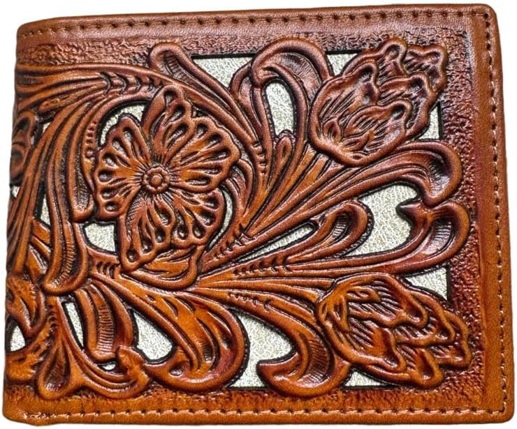 Men’s Short Leather Wallet – Laser Cut Floral Pattern Bifold in Multiple Colors – Compact Western Wallet for Cowboys, Ranchers & Everyday Carry