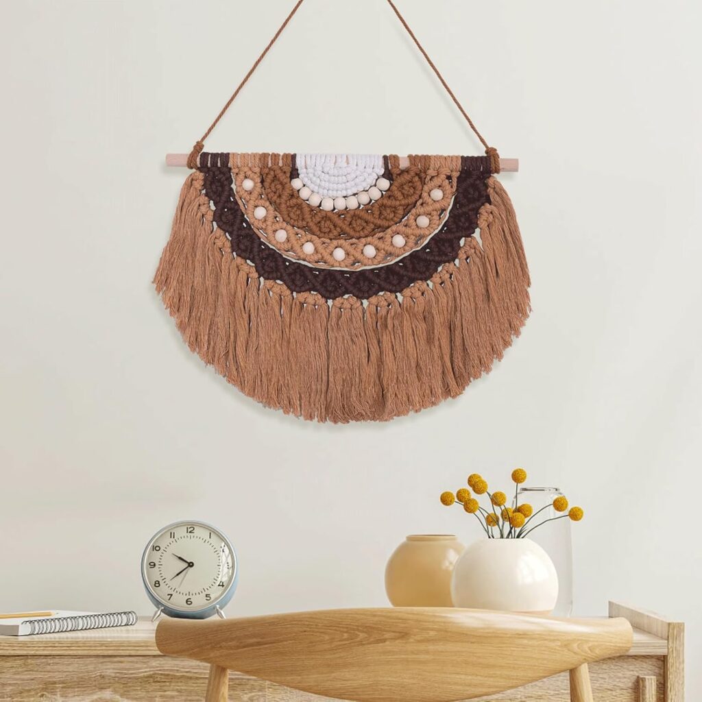 EaseMyKit Macrame Wall Hanging Decor Tapestry, Boho Home Wall Decor Woven Handmade Yarn Tassels Bohemian Wall Art Decorations for Nursery Bedroom Living Room Apartment Backdrop (Brown)
