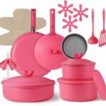 CAROTE 24pcs Pots and Pans Set Non Stick, Nonstick Cookware Set, Oven/Dishwasher/Fridge Safe Pots and Pans, RV Safe Cookware, Induction Kitchen Gift Set Detachable Handle, Pink