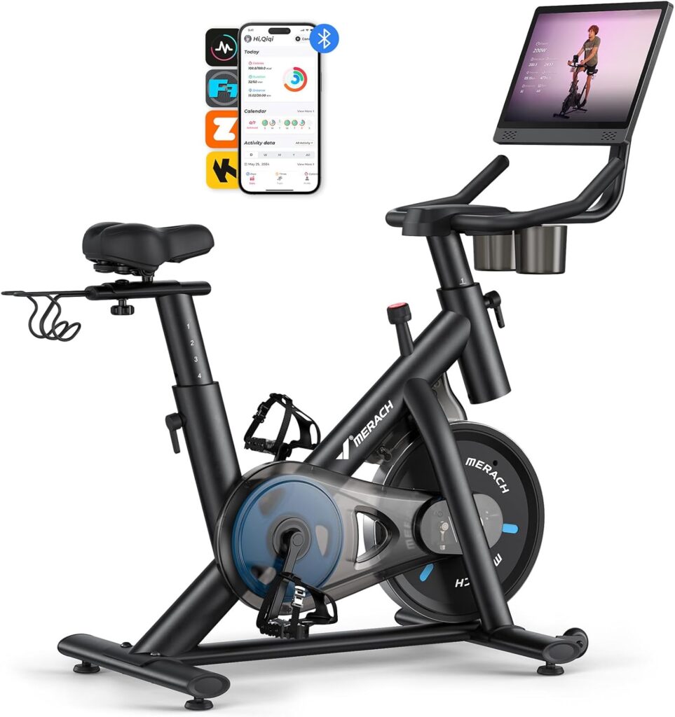 MERACH Exercise Bike, Brake Pad Stationary Bike with Exclusive App, Low Noise Indoor Cycling Bike with 300lbs Weight Capacity, Tablet Mount and Fitness Courses for Weight Loss