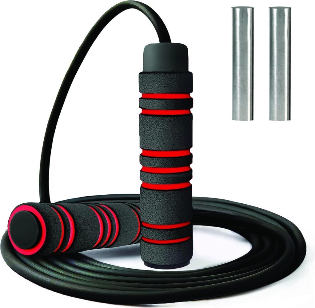 Weighted Jump Rope Workout (1LB) – Tangle-Free Ball Bearing Speed Skipping Rope for MMA Boxing Weight-loss Crossfit Fitness Home Exercise – Adjustable Rope Foam Handles for Men Women Cardio Training