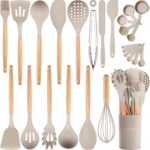 26 Pcs Silicone Cooking Utensils Set with Holder, NCUE BPA Free Kitchen Utensils Set for Cooking, 446°F Spatulas Silicone Heat Resistant Wooden Handle Spoon Tongs Non-stick Kitchen Gadgets (Khaki)
