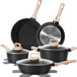 12 Pcs Pots and Pans Set, Nonstick Cookware Sets Black Granite Induction Cookware, Non-toxic Healthy Non Stick Kitchen Cooking Set with Frying Pans Set, Saucepans,Steamer (PFAS, PFOA, PFOS Free)