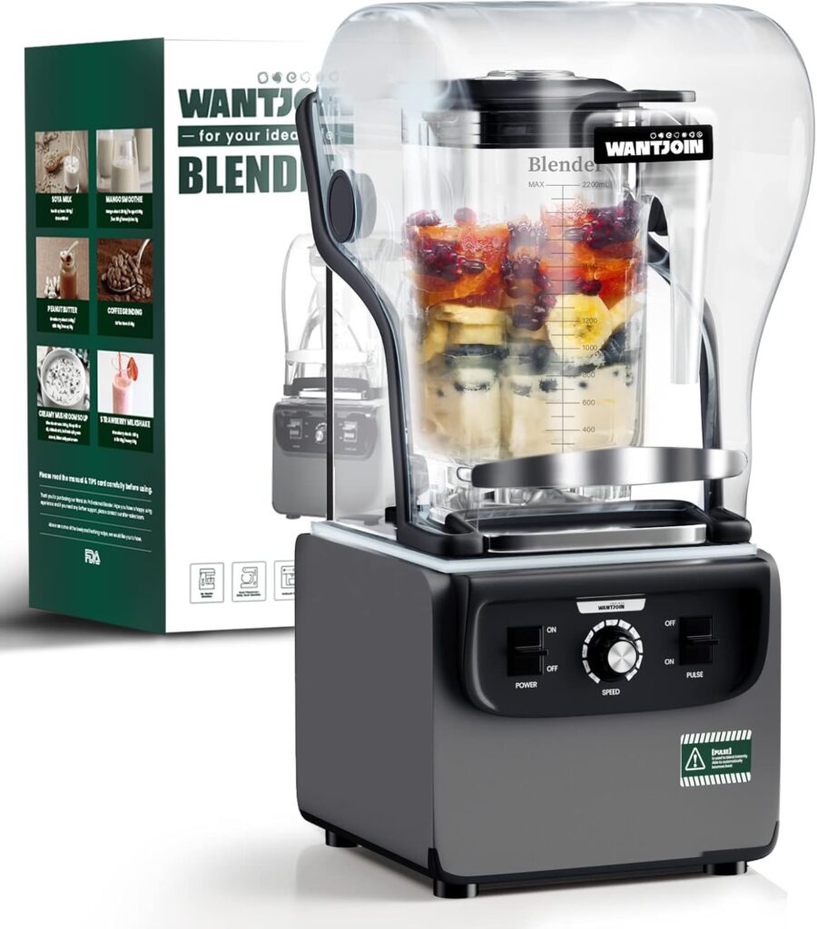 Wantjoin Commercial Quiet Blender for Kitchen, Smoothie Protein Shake Licuadora, Countertop Professional Electric Food Machine for Puree, Milkshake, Juice, Drink and Ice with Silent Cover 2200ml 1800W