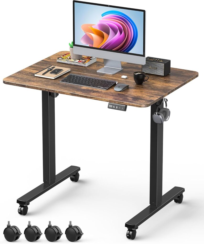Small Height Adjustable Electric Standing Desk, 31.5″ x 23.6″ Sit Stand up Desk with Splice Board, Ergonomic Rising Computer Home Office Desk Table with Memory Preset, Black Frame/Rustic Brown Top