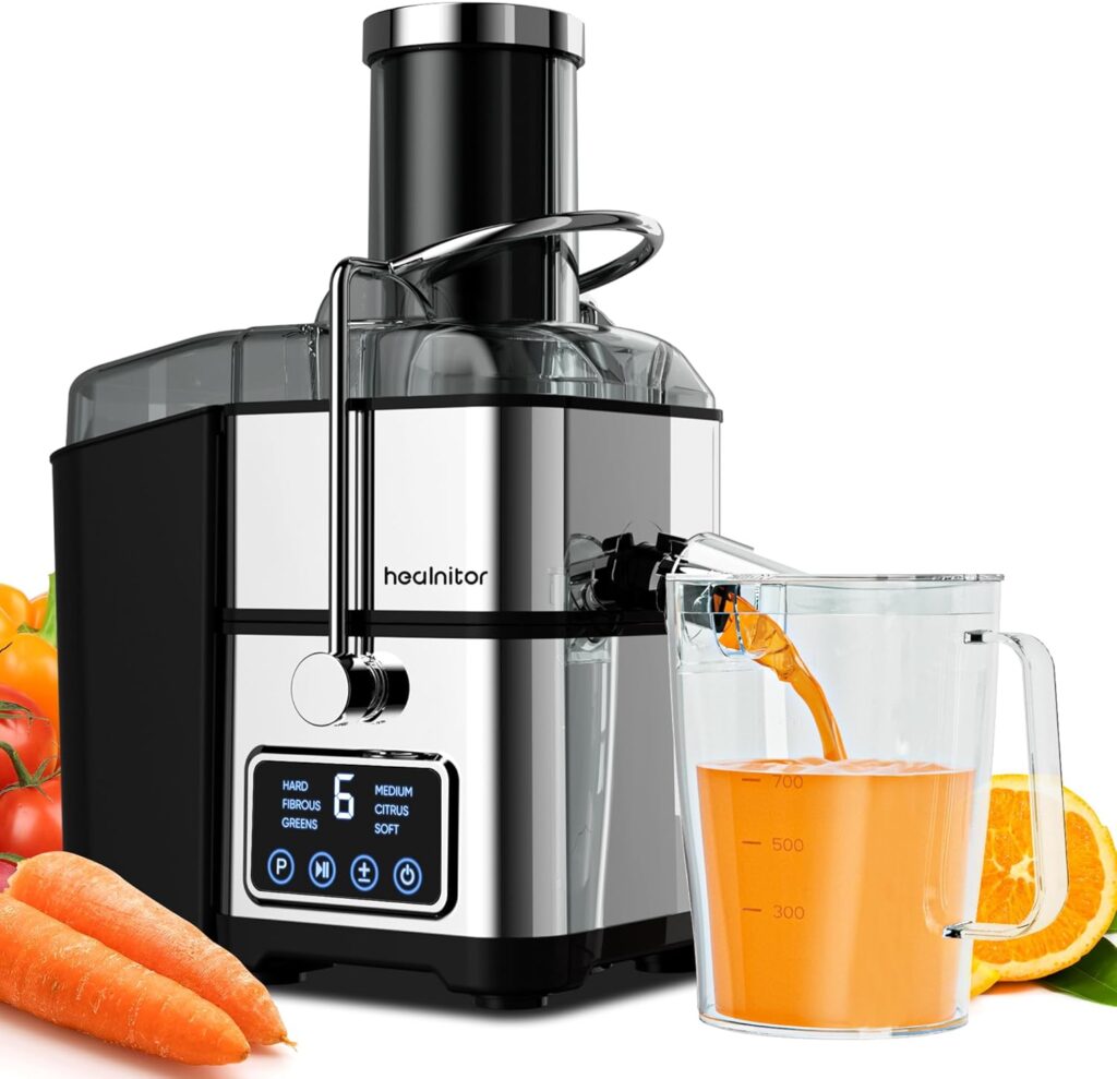 Healnitor 1200W 6-Speed Digital Screen Centrifugal Juicer Machines Vegetable and Fruit, Juice Extractor with 3” Big Wide Chute, Easy Clean, BPA-Free, High Juice Yield, Silver