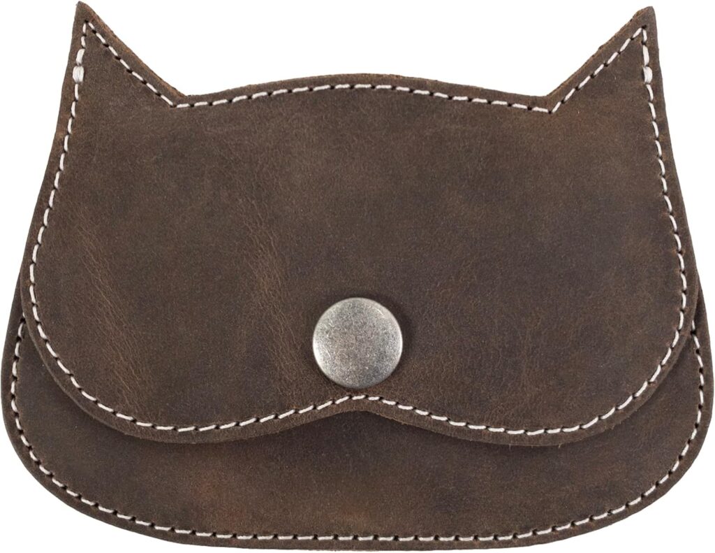 Hide & Drink, Cat-Shaped Wallet, Coin Pouch, Money Holder, Travel Accessory, Full Grain Leather, Handmade, Bourbon Brown/White Stitching
