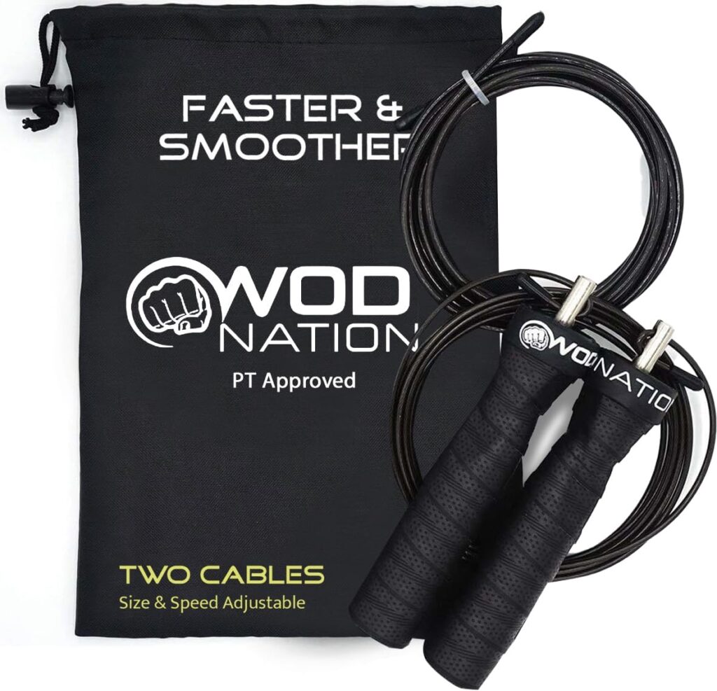 WOD Nation Attack Speed Jump Rope : Adjustable Jumping Ropes : Unique Two Cable Skipping Workout System : One Thick and One Light 11 Foot Cable : Perfect for Double Unders : Men and Women