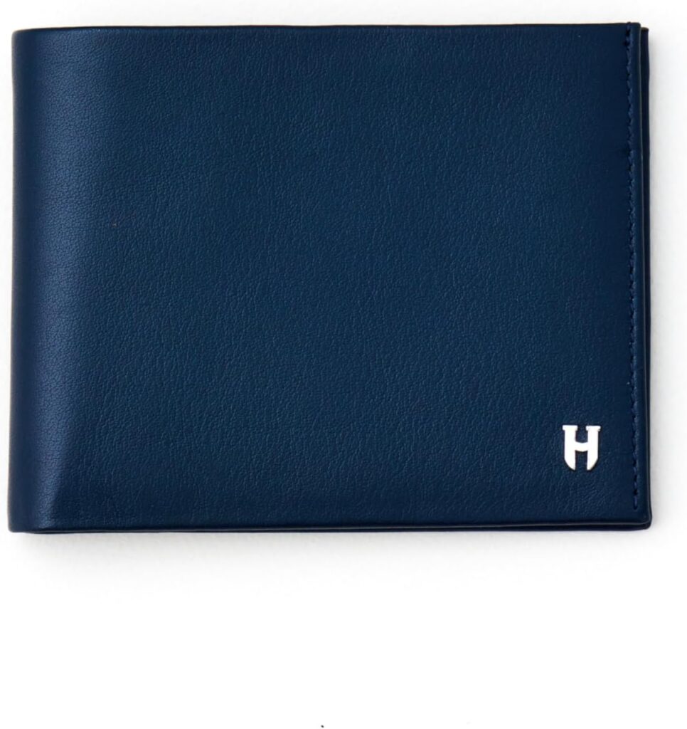 Wallet for Men, Slim Minimalist RFID Full Grain Leather, Handcrafted Bifold, 6 Card Slots, Gift Box Pouch, Christmas Birthday, Navy Blue