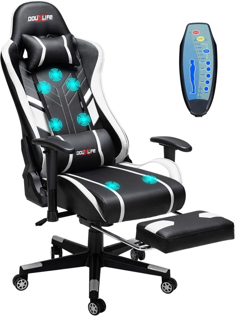 Douxlife 7-Point Massage Gaming Chair, 175° Gaming Recliner with Footrest Ergonomic Computer Office Chair High Back Video Game Chair with Lumbar Support, Upgraded Version White