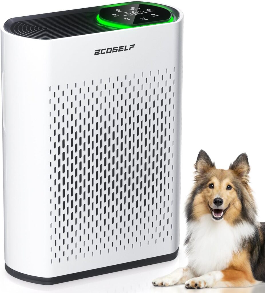 Powerful Air Purifiers for Home Large Room Up to 2400 Ft², ECOSELF HEPA Air Purifier with PM 2.5 Air Quality Display 20dB Sleep Mode, Air Purifiers for Bedroom Office Living Room HAP602 White