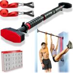 Pull Up Bar for Hallway or Doorway 6-piece Set with Two Attachable Resistance Bands/Handles, Training Manuals, No Screws Chin Up Bar, Max 680lbs, Width options: 27-37″, 37-47″; 46-53″