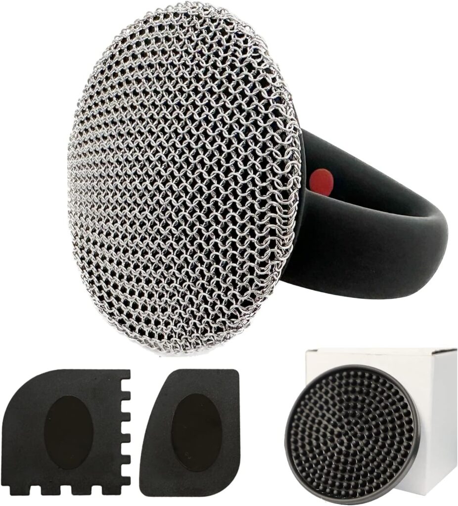 MEIXINZHI Cast Iron Skillet Cleaner, Cast Iron Chainmail Scrubber, Pan & Grill Scrapers, Black with Mat