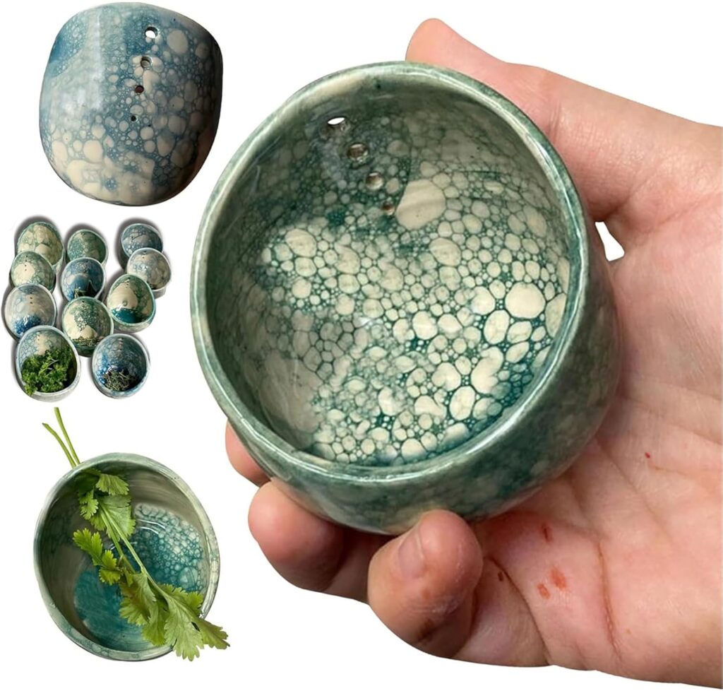 Hamblin Bros Pottery Herb Stripper Bowl, Handmade Ceramic Herb Stripper with Different Hole Sizes for Separating Leaves and Stems (Green)