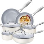 10-Piece Ceramic Nonstick Cookware Set – PFOA-Free Pots and Pans with Glass Lids, Healthy Cooking Easy Clean, Induction Compatible & Oven Safe, Includes Frying Pan, Saucepan, Stockpot – Cream White