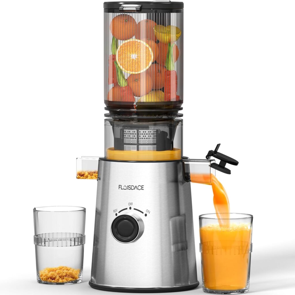 Cold Press Juicer, Masticating Juicer with Large Feed Chute Fit Whole Fruits & Vegetables，Stainless Steel Slow Masticating Juicer Easy to Clean, 99.6% Juice Purity, Metallic Silve